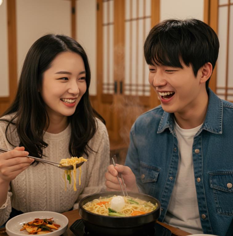 칼슘 흡수율을 높이는 음식을 맛있게 먹고있는 귀여운 한국여성과 한국 남자친구