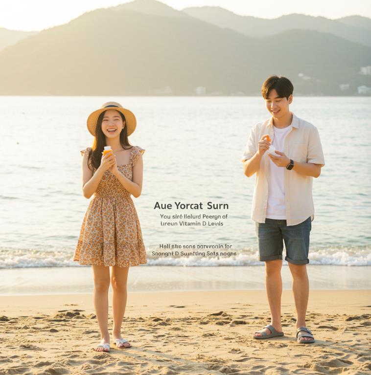 비타민D와 햇빛 노출관계를 알기위해 햇볕을 쐬고있는 귀여운 한국여성과 한국 남자친구