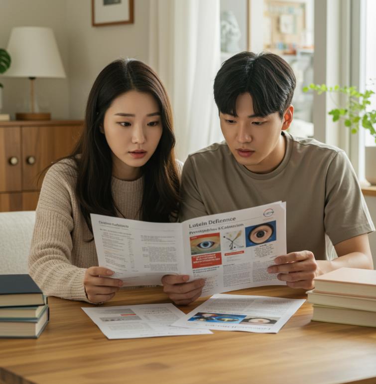 루테인 부족이 노안과 백내장에 미치는 영향을 확인하려는 귀여운 한국여성과 한국 남자친구
