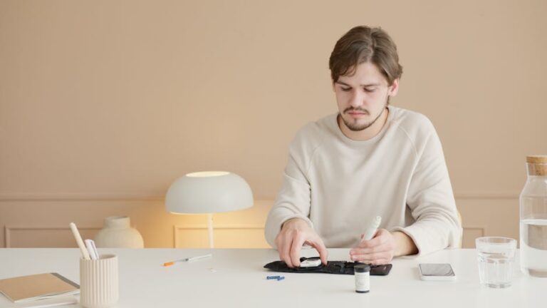 Young man checks blood glucose with a glucometer at home. Diabetes care and monitoring.