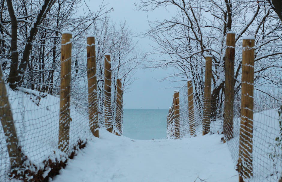 Snow-covered pathway with wooden fence leading to a tranquil winter beach.